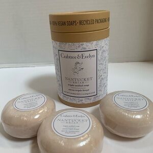 NWT set of 3 Crabtree Evelyn Nantucket Briar Vegan Soaps with canister